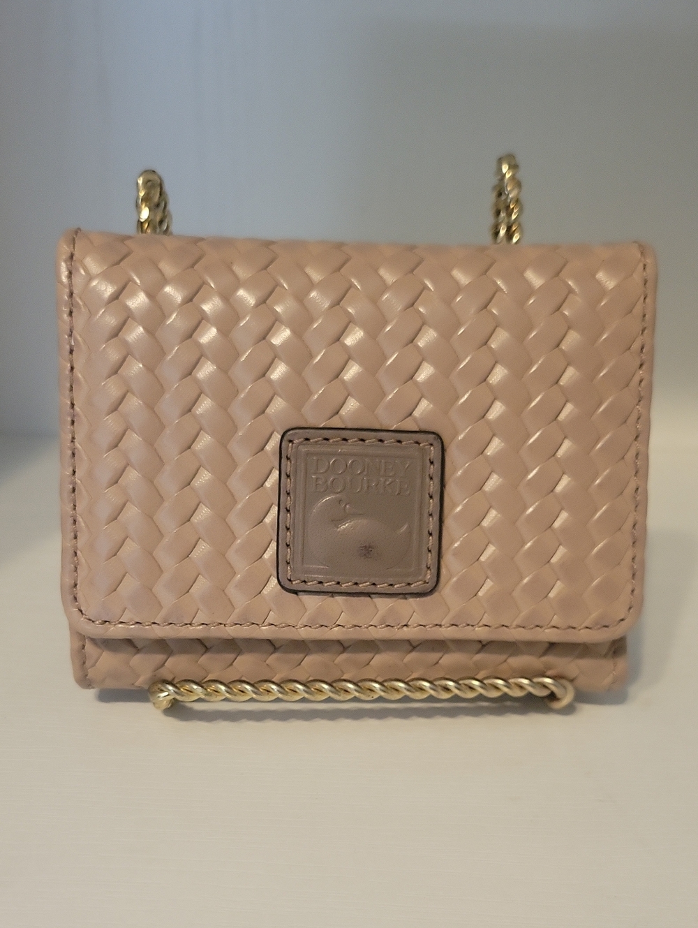 Dooney & Bourke Blush Woven Leather Mini Tri Fold Wallet with Gold accents